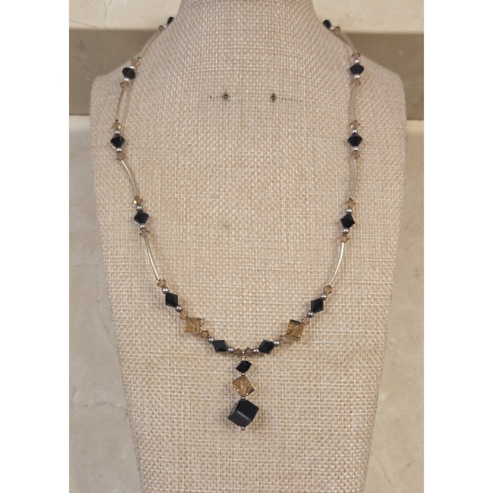 Stunning Sterling Silver Black Onyx & Tan Crystal Bicone Y Necklace 16-18"